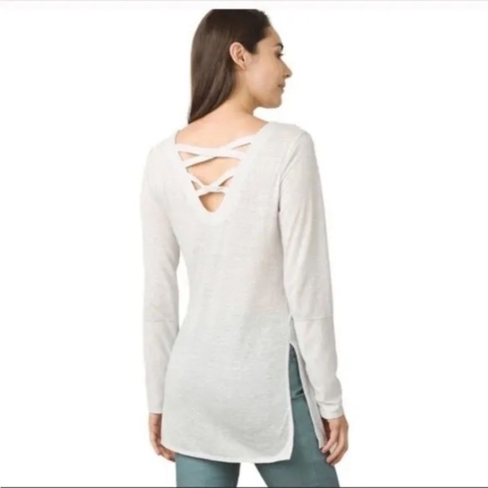 Prana Tunic Esme Grey Striped Strappy Long Sleeve Boat Neck Womens Large